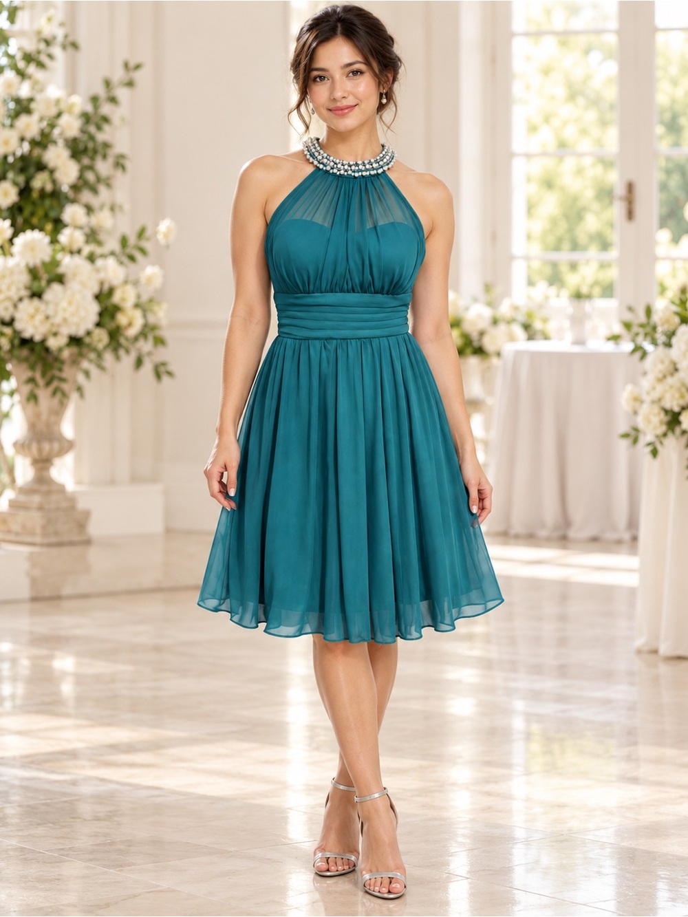 Speechless Y2K Teal Chiffon Beaded Pearl Halter Fit Flare Party Dress Juniors 3